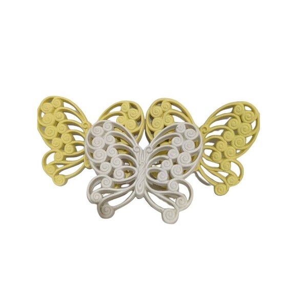 Vintage Burwood Butterfly Wall Decor Set Of 3 Yellow & White Plastic Scroll Desi - Picture 2 of 6